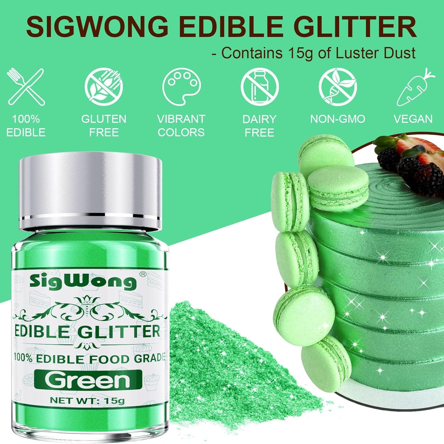 Green Edible Glitter - 15g Food Grade Luster Dust Powder, Cake Decorating Sprinkle Glimmery Dust for Drinks, Wine, Fondant, Chocolate, Candy, Cookie, Vegan