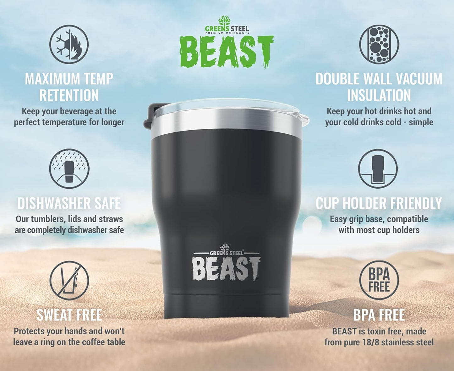 Beast 10 oz Tumbler Stainless Steel Vacuum Insulated Coffee Ice Cup Double Wall Travel Flask (Matte Black)
