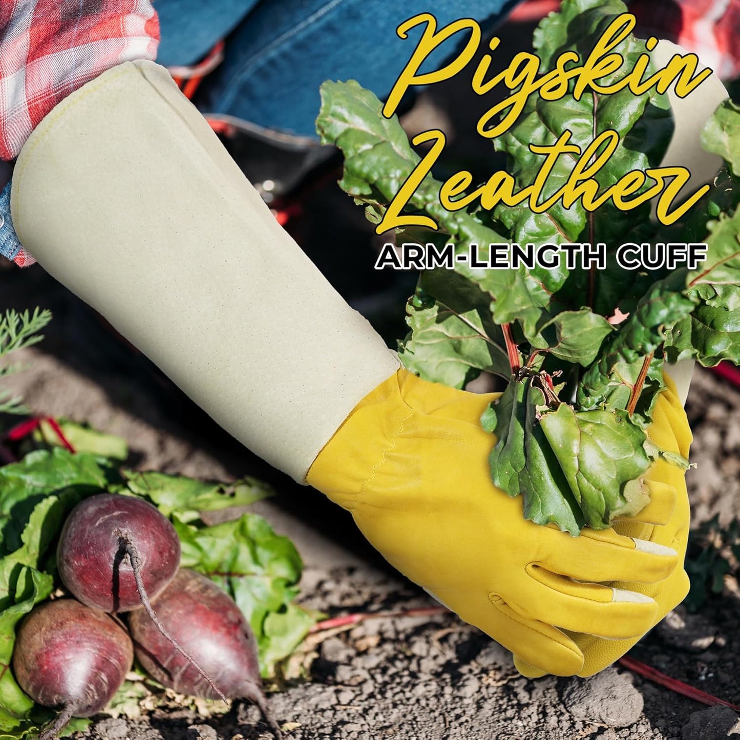 HANDLANDY Rose Pruning Gardening Gloves for Men Women, Thorn Proof Forearm Protection Leather Garden Gloves, Gardening Gifts for Gardeners (Yellow- goatskin, Large (Pack of 1))