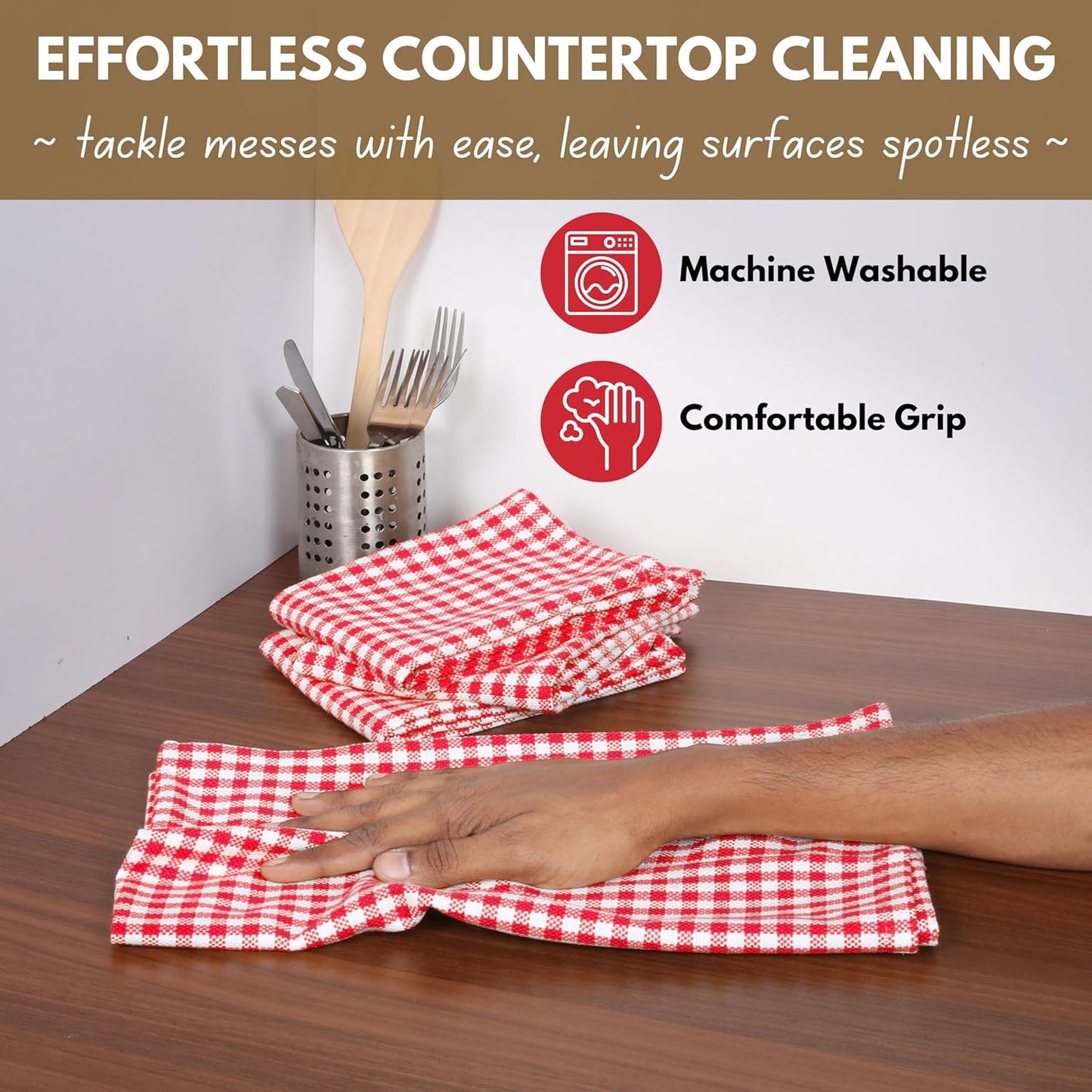 Native Fab Gingham Cotton Kitchen Towel 4 Pack 16"x26" - Absorbent Tea Linen Towels, Dish Cloths, Restaurant Cleaning Towel, Dish Towels with Hanging Loop, Red White