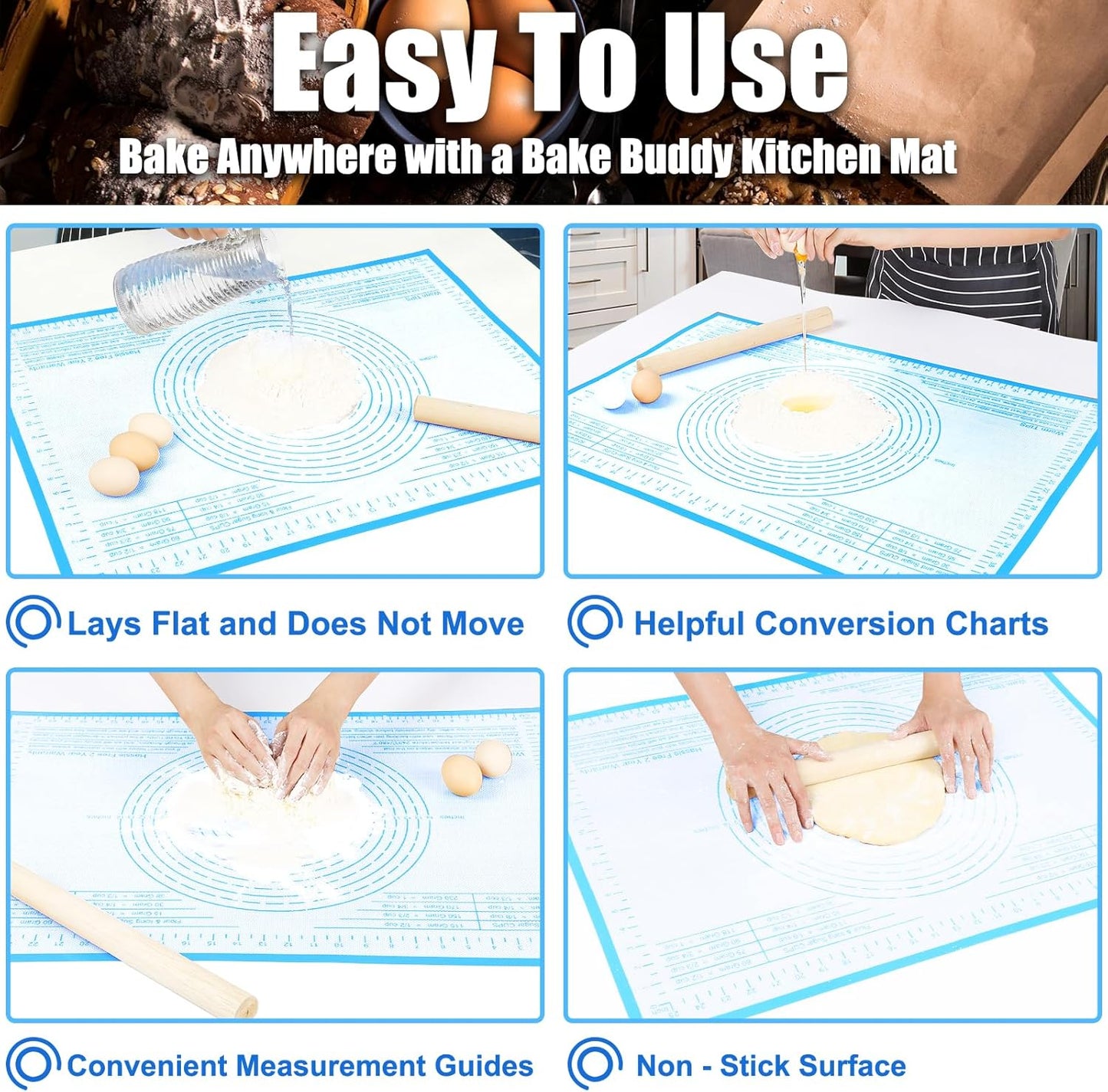 Silicone Pastry Mat 36'' By 24'' Extra Large Baking Mat with Measurements for Dough Rolling, Kneading Board, Kitchen Counter Mats for Dough, Pastry, Fondant, Pie Crust, Cookies, Bread, Pasta, Pizza