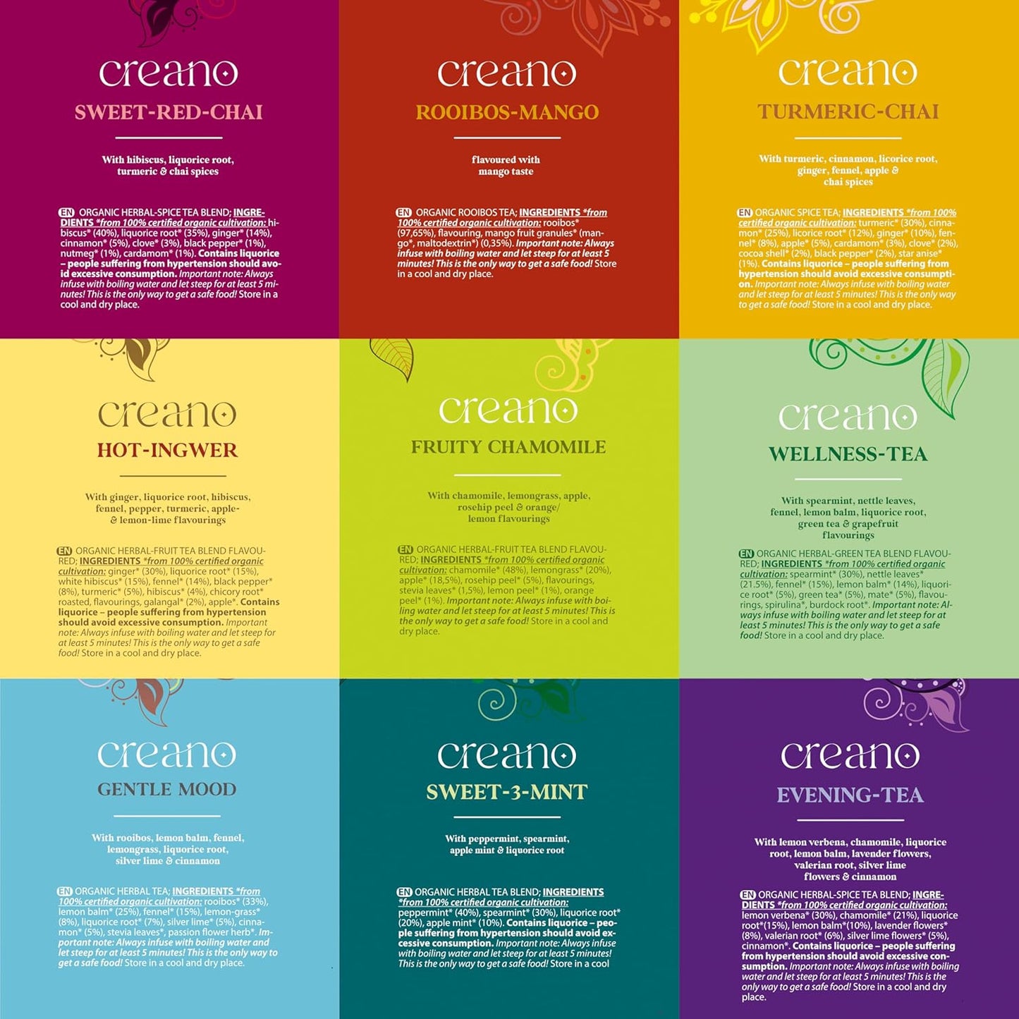 Creano Organic Herbal Tea Gift Set - 45 Organic Tea Bags in 9 Different Varieties - 90 g - Novelty 2023