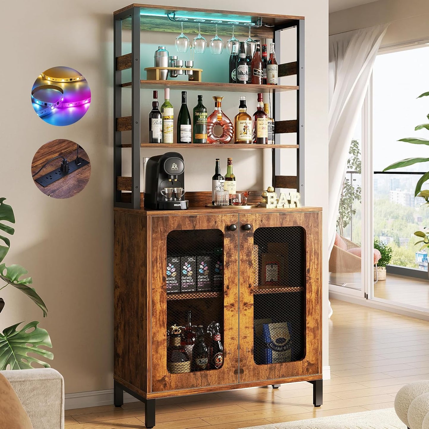 Aheaplus Bar Cabinet with Power Outlets, 67" Tall Wine Bar Liquor Cabinet with LED Lights & Glass Holder, Coffee Bars Station for Living Room, Microwave Stand Bakers Rack Cabinets, Rustic Brown