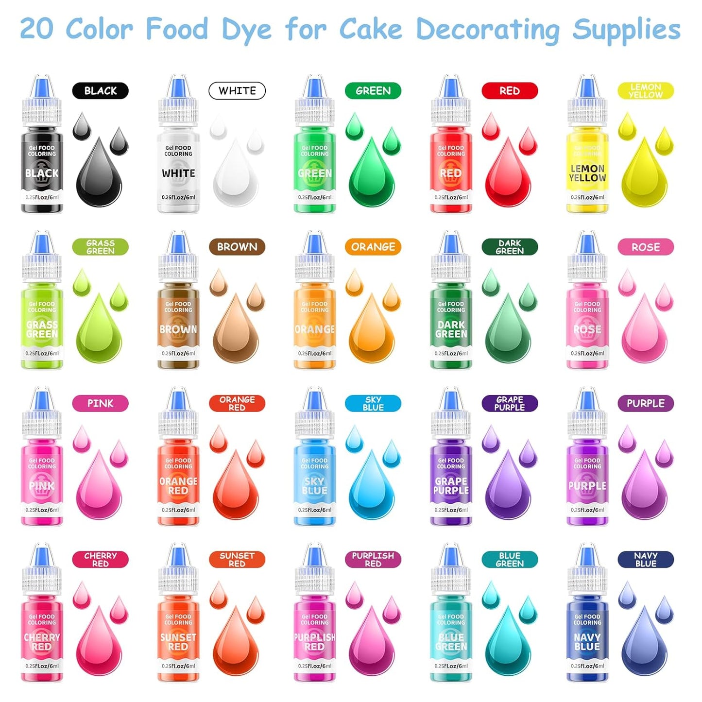 Gel Food Coloring Cake Decorating Set - Jelife 20 Colors Gel Based Flavorless Edible Food Color Dye Vibrant Concentrated Neon Icing Colors for Kids Baking Macaron Frosting Fondant Cookie (6ml/Bottles)