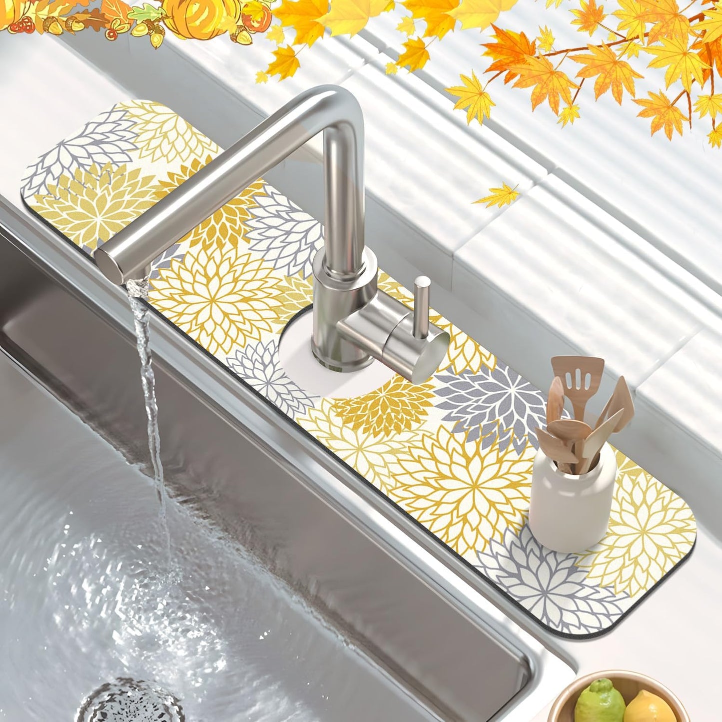 Findosom 2PCS 12" x 20" Fall Dish Drying Mat & 24" x 5.5" Sink Splash Guard, Super Absorbent & Cuttable Dish Mat Drying Kitchen Mat with Yellow Floral, Hide Stain Drying Mat for Kitchen Counter