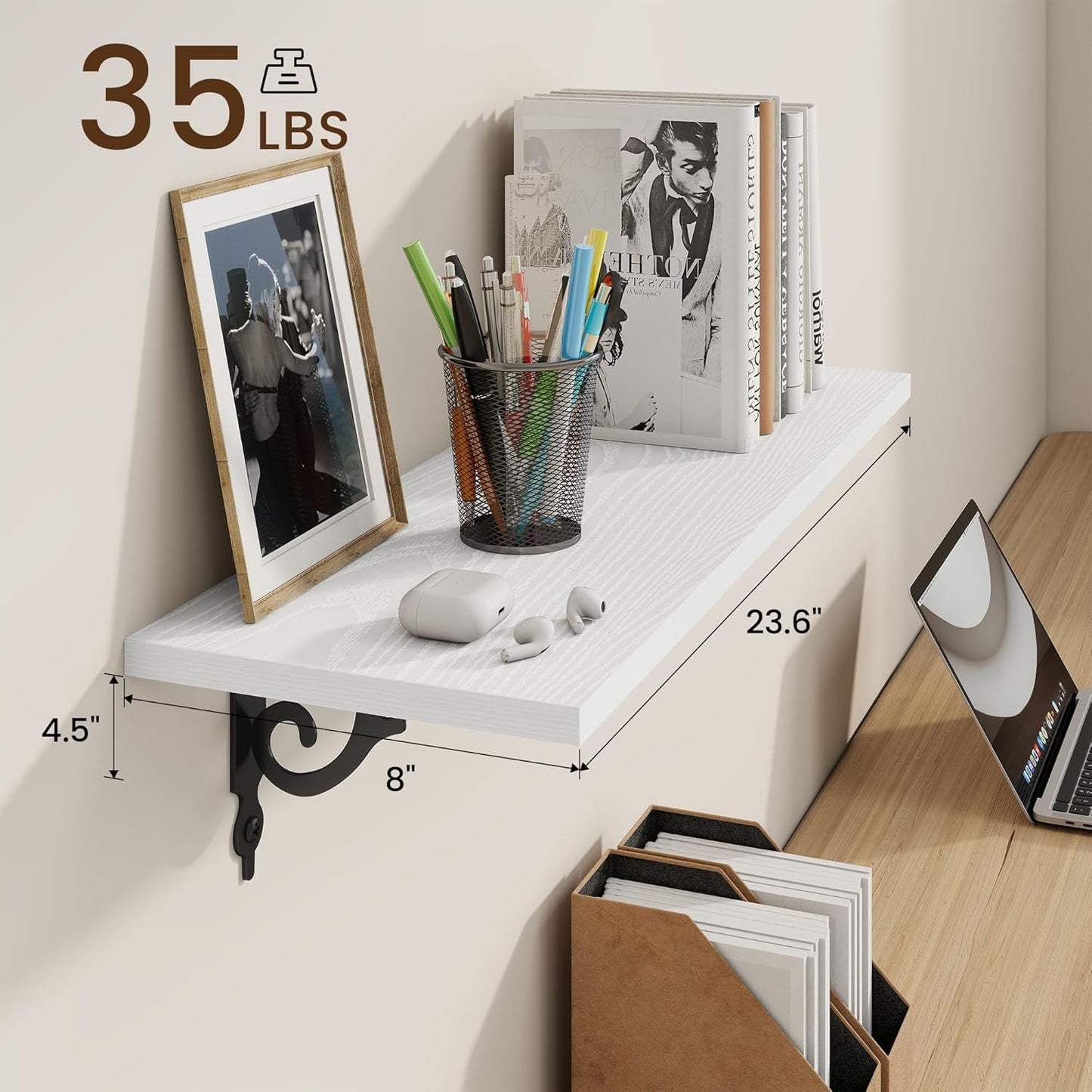 RICHFOCUS Floating Shelves for Wall Decor, 24Inch Rustic Shelves Set of 2, 24W x 8D Floating Shelves Wall Mounted with Metal Brackets, Wood Shelves for Living Room Bedroom Kitchen, White