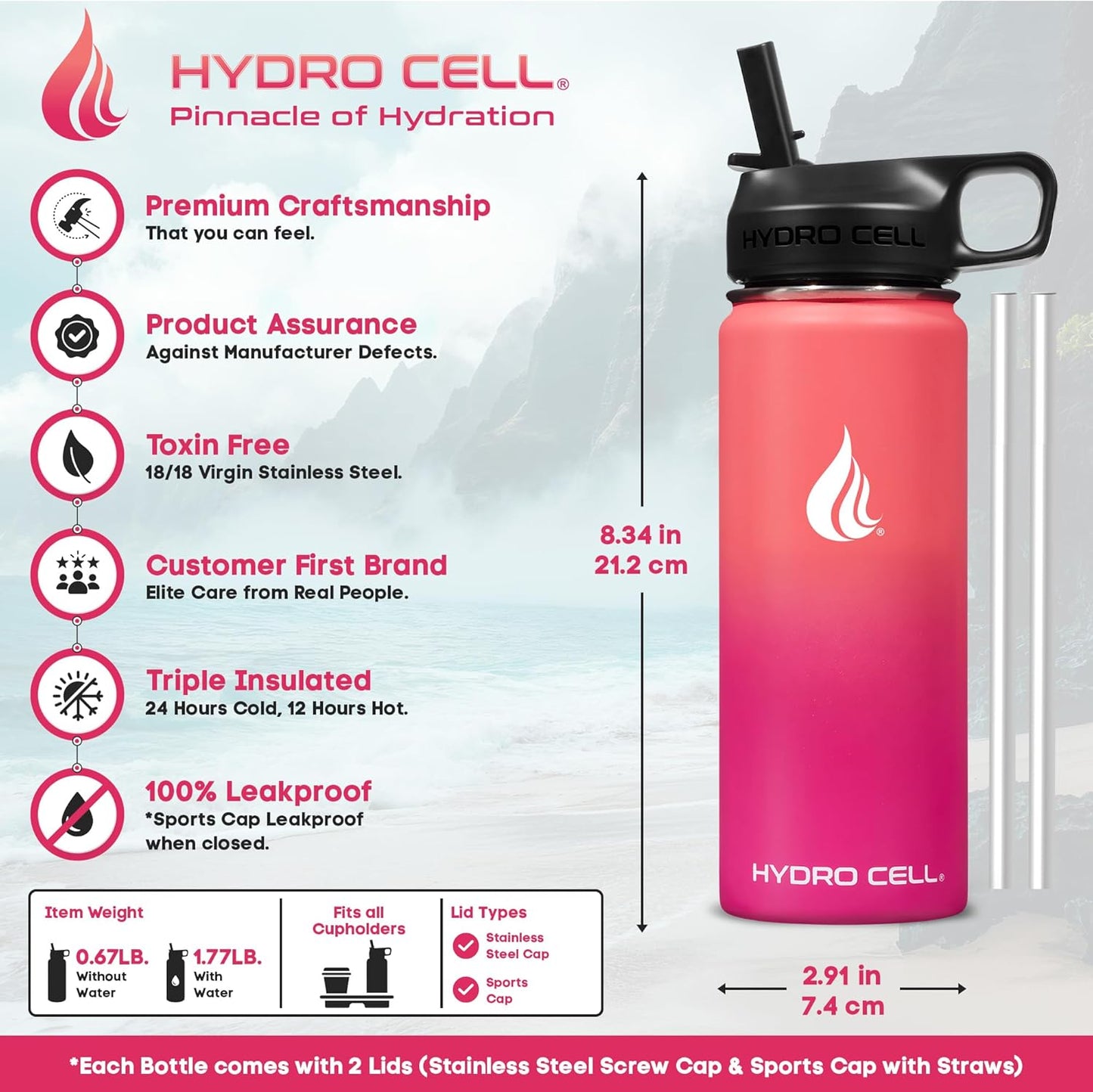 HYDRO CELL Stainless Steel Insulated Water Bottle with Straw - For Cold & Hot Drinks - Metal Vacuum Flask with Screw Cap and Modern Leakproof Sport Thermos for Adults (Coral/Punch 18oz)