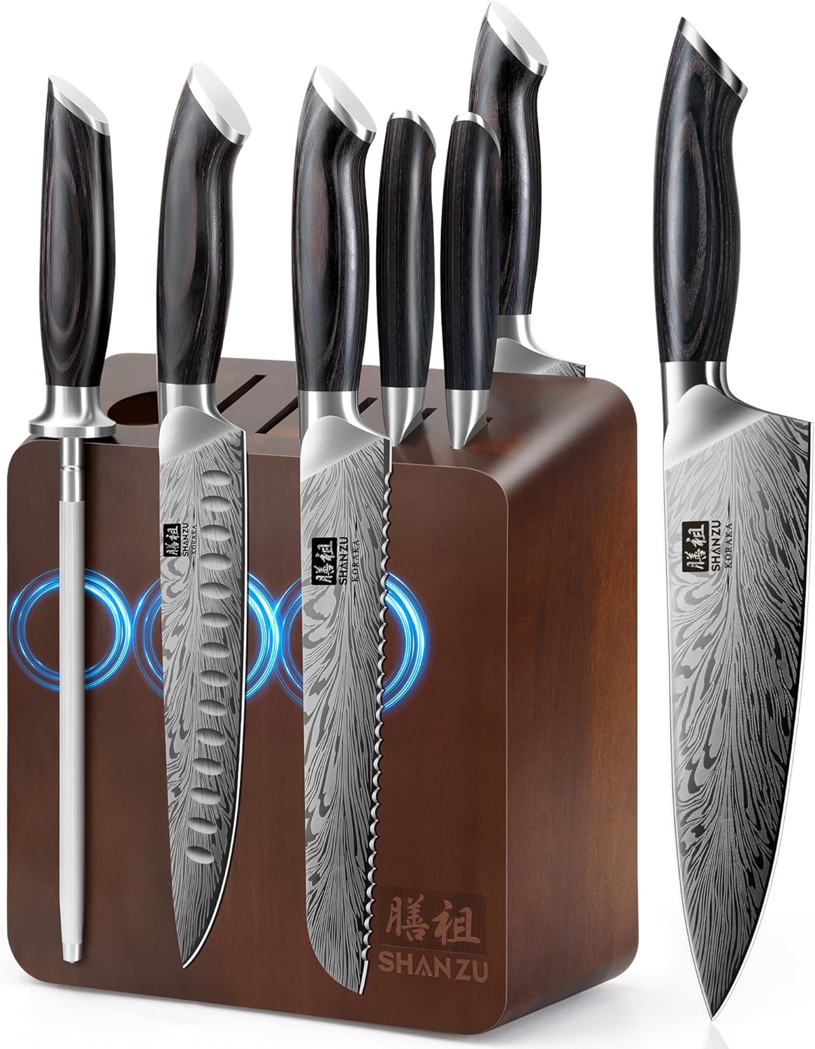 SHAN ZU Kitchen Knife Set with Double Sided Magnetic Knife Block, 7PCS Knives Block Sets in Powder Steel Ultra Sharp Japanese Knife Sets with Sharpening Steel Chef Knives Set with Pakkawood Handle