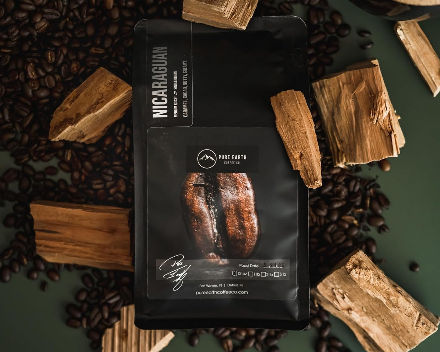 PURE EARTH COFFEE CO. Whole Bean Coffee, Nicaragua Single-Origin Beans, Medium Roast, Low Acid Gourmet Specialty Grade Coffee, Caramel, Chocolate, Nutty Flavor Notes 12oz