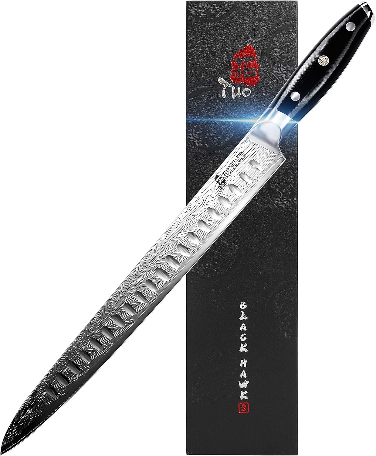 TUO Slicing Knife - Meat Carving Knife Brisket Knife High Carbon Stainless Steel 12-Inch - Meat Knife with G10 Full Tang Handle - Black Hawk-S Knives Including Gift Box