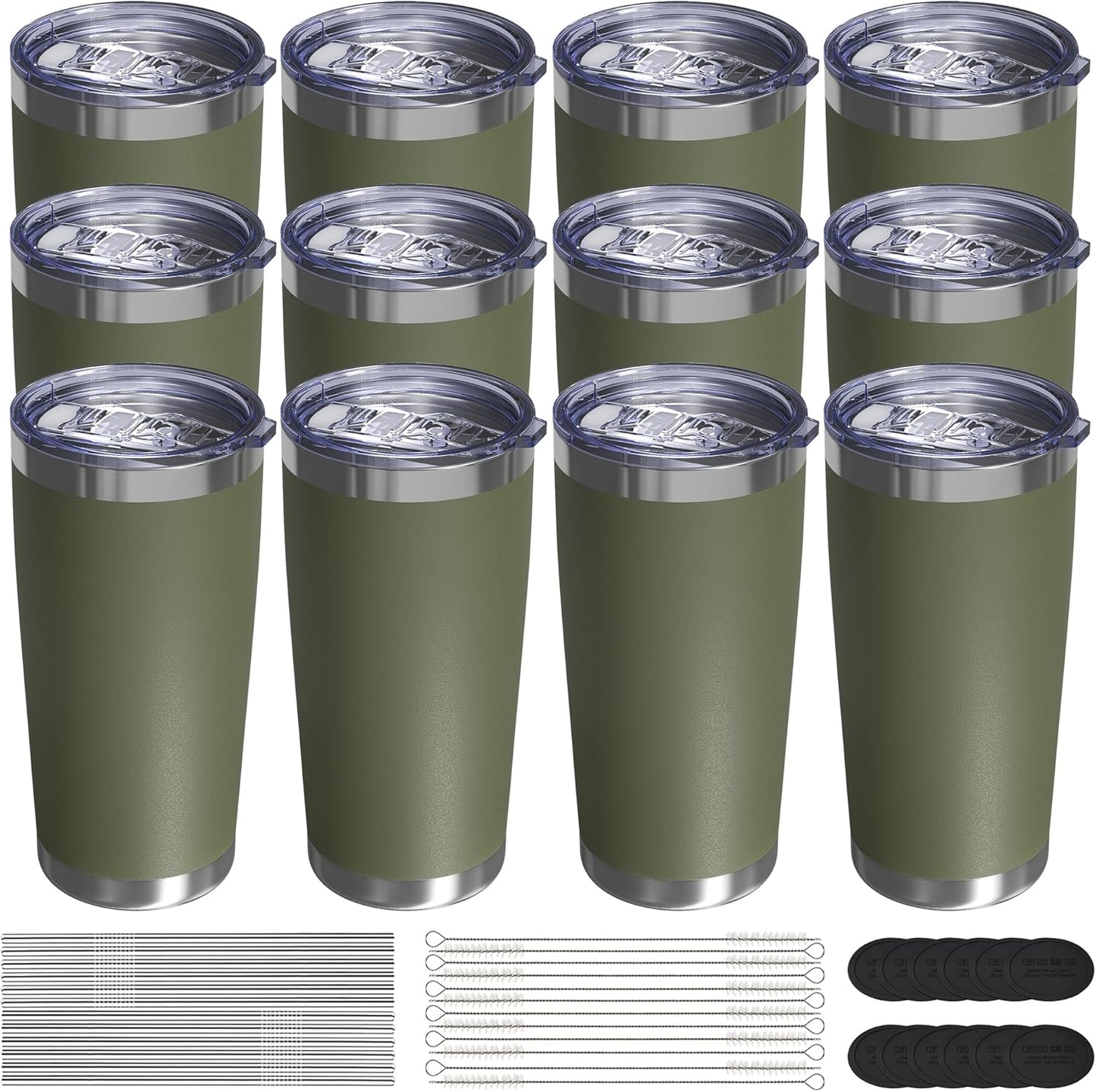 Travel Coffee Tumbler 20oz, 12 Pack Leakproof Travel Coffee Mug with Lid and Straw, Stainless Steel Double Wall Vacuum Insulated Tumbler for Hot/Iced Drinks (Textured Matte, Army Green)