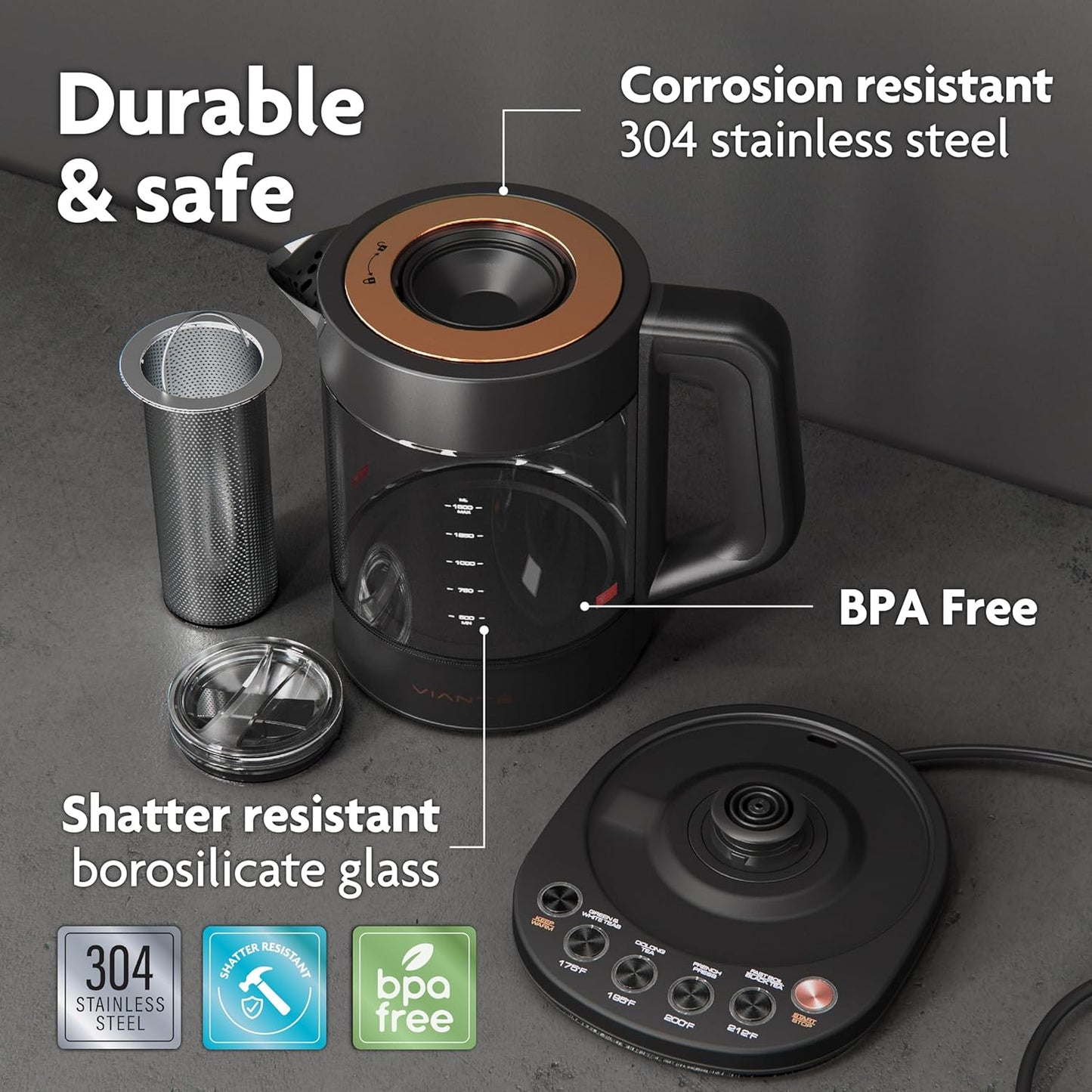 Vianté Electric Kettle With Infuser For Loose Leaf. Hot Tea Maker With Temperature Control And Automatic Shut Off. Tea Kettle With Brewing Programs. 1.5 Liters Capacity | Black Color