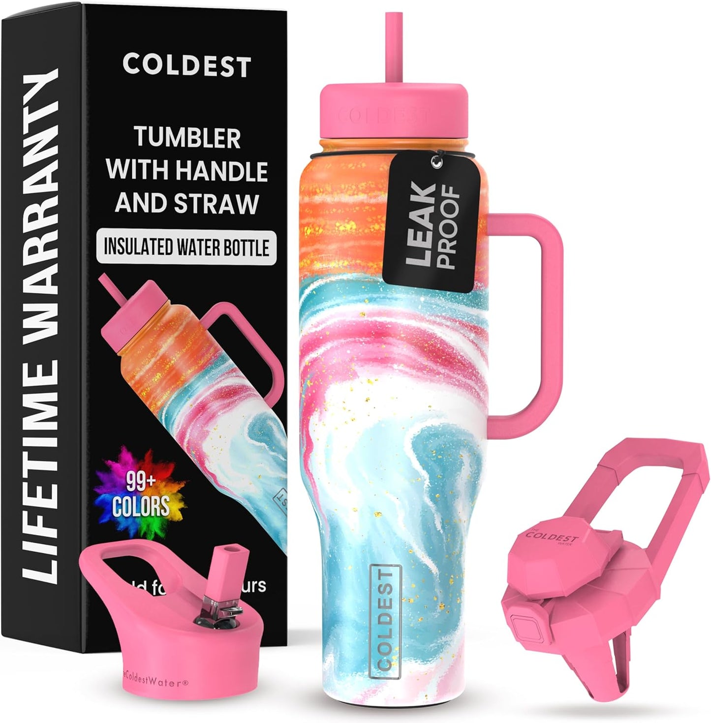 Coldest 40 oz Tumbler with Handle and Straw - 100% Leak Proof Insulated Tumbler with Lid and Straw (3 Lids) - Stainless Steel Tumblers for Women & Men - Cup Holder Friendly Base, 46 oz (Amethyst)