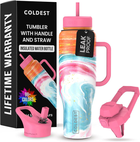 Coldest 40 oz Tumbler with Handle and Straw - 100% Leak Proof Insulated Tumbler with Lid and Straw (3 Lids) - Stainless Steel Tumblers for Women & Men - Cup Holder Friendly Base, 46 oz (Amethyst)