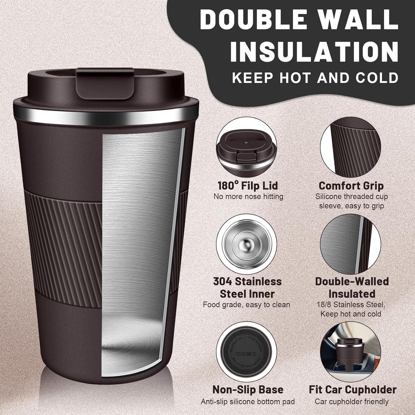 Insulated Coffee Tumblers with Flip Lid 12oz / 17oz, Stainless Steel Travel Coffee Mug Leak Proof, Vacuum Insulated Coffee Mug Reusable Cup, Keeps Cold and Hot for Coffee Tea