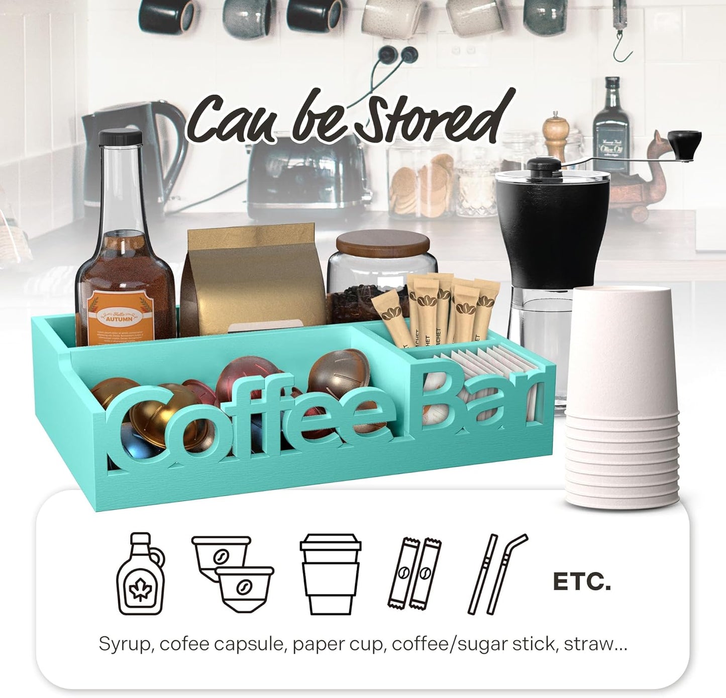 Coffee Bar Organizer for Countertop - Wood Coffee Pods Holder Storage Basket, Essential Coffee Bar Accessories for Home and Office, Mini Coffee Bar