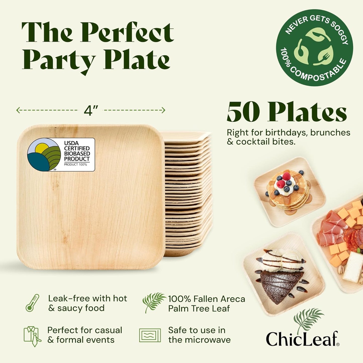 Chic Leaf Compostable & Biodegradable Palm Leaf Disposable Bamboo Plates - Disposable Party Plates for Appetizers - Party Supplies (4'' - 50 Pack)