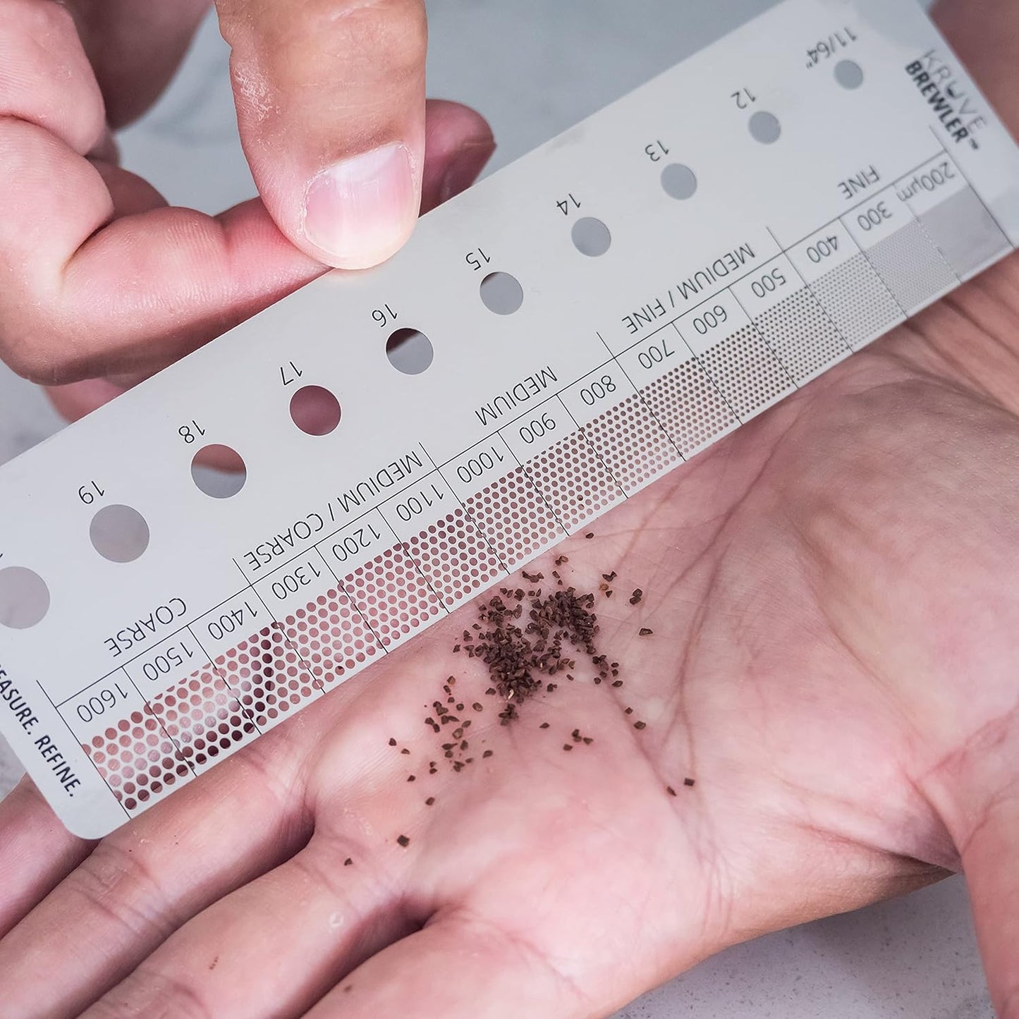 KRUVE Brewler Coffee Grind Ruler - Stainless Steel Coffee Bar Accessories for Home, Coffee Grind Size 200-1600 Microns, Green Bean Grading 11/64-20/64, 5.9 Inch Ruler, Conversion Chart, Magnetic Guide