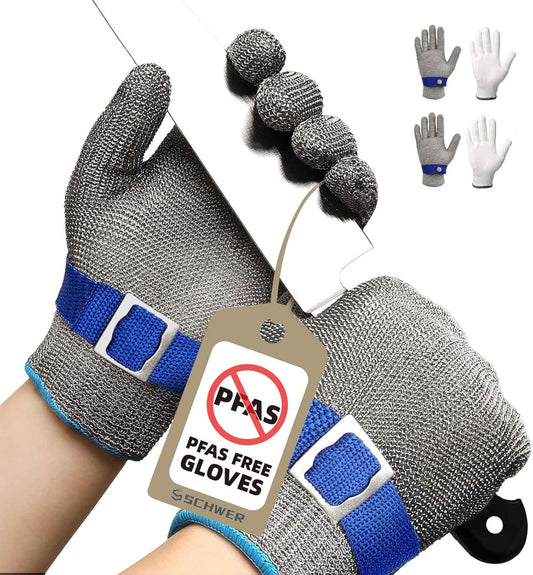 Schwer SlicePro ANSI A9 Cut Resistant Glove PR1707, Food Grade Stainless Steel Wire Metal Gloves, Cutting Gloves for Kitchen, Meat Cutting, Oyster Shucking, Fish Fillet, Non-PFAS（L, 2 PCS）