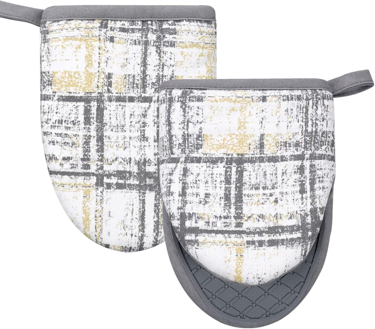 Mini Silicone Oven Mitts, Heat and Slip Resistant Kitchen Gloves 2-Pack Set, Vintage Plaid Soft Oven Mittens, Flexible Pot Holders for Cooking Baking and Grilling (Vintage Grey)
