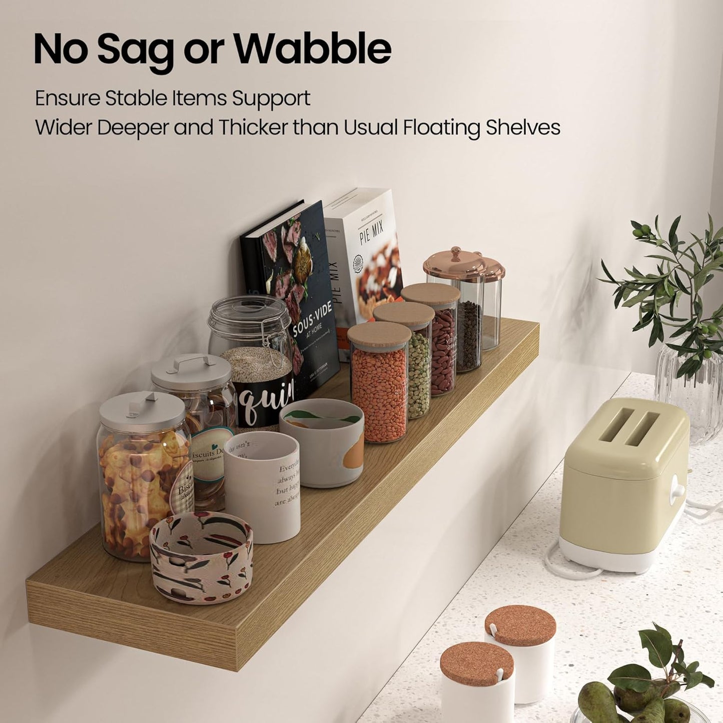 Floating Shelves for Wall, 40" W x 8" D x 1.5" H, Wooden Wall Mounted Display Shelves with Invisible Brackets for Living Room, Bedroom, Bathroom, Kitchen Decor and Storage, Set of 2, Oak