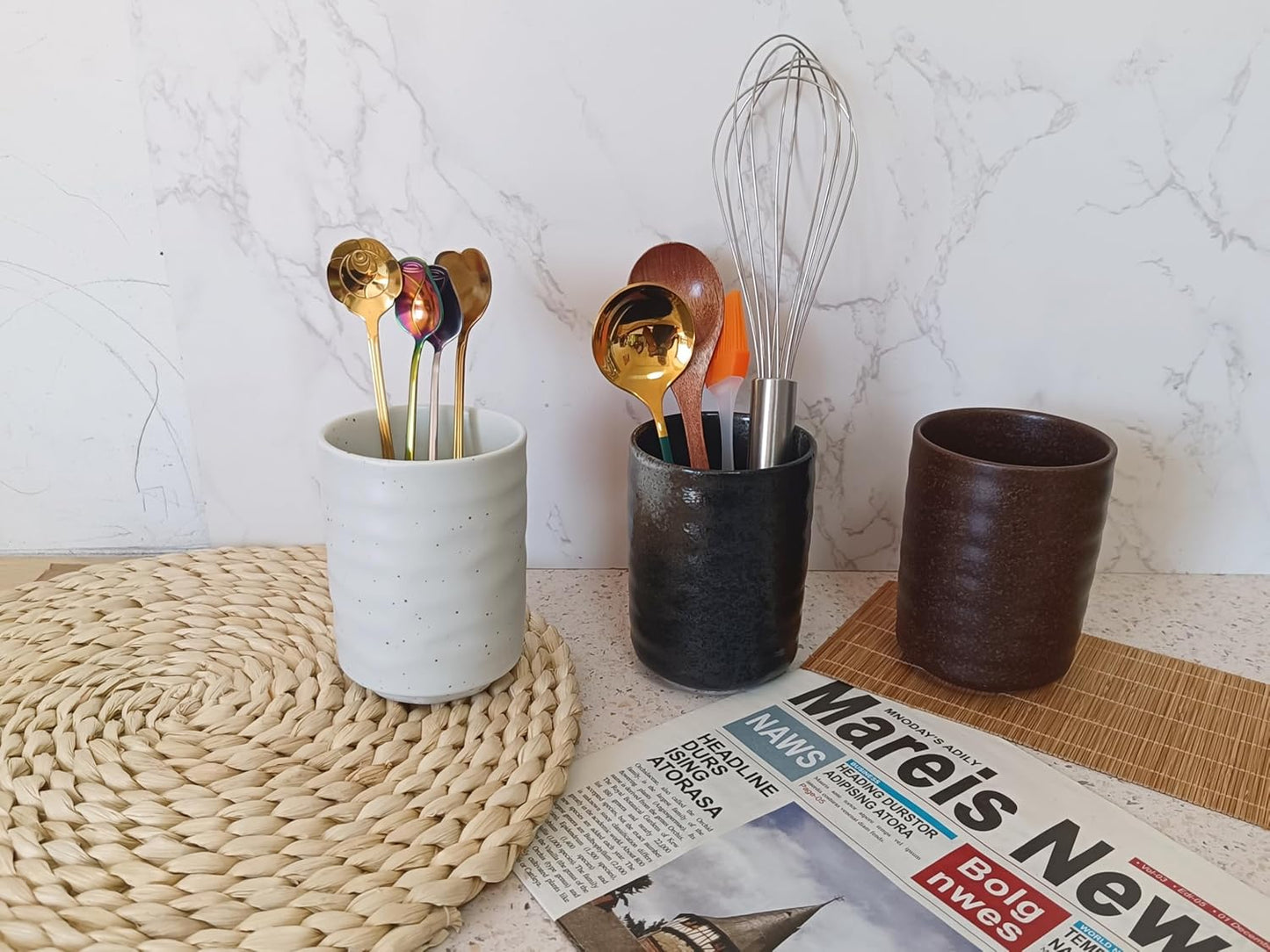 Stoneware Coffee Bar Utensil Holder Tea & Coffee Spoon & Stirrer Holder for Stir Stick Straw Teaspoon Holder Spoon Cup Small Utensil Jar (White)