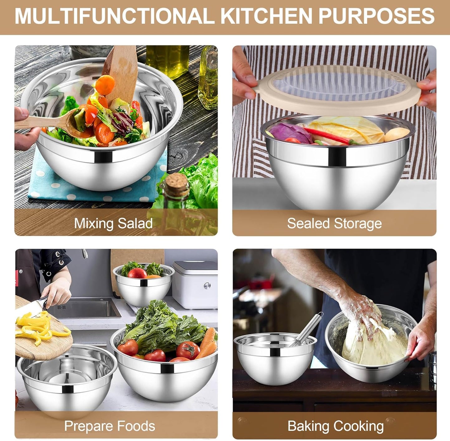 LIANYU Mixing Bowls with Visible Airtight Lids Set, 6Pcs Stainless Steel Kitchen Metal Nesting Bowls, Large Size 7, 3.5, 2.5, 2, 1.5, 1QT for Cooking, Baking, Serving, Dishwasher & Freezer Safe, Khaki