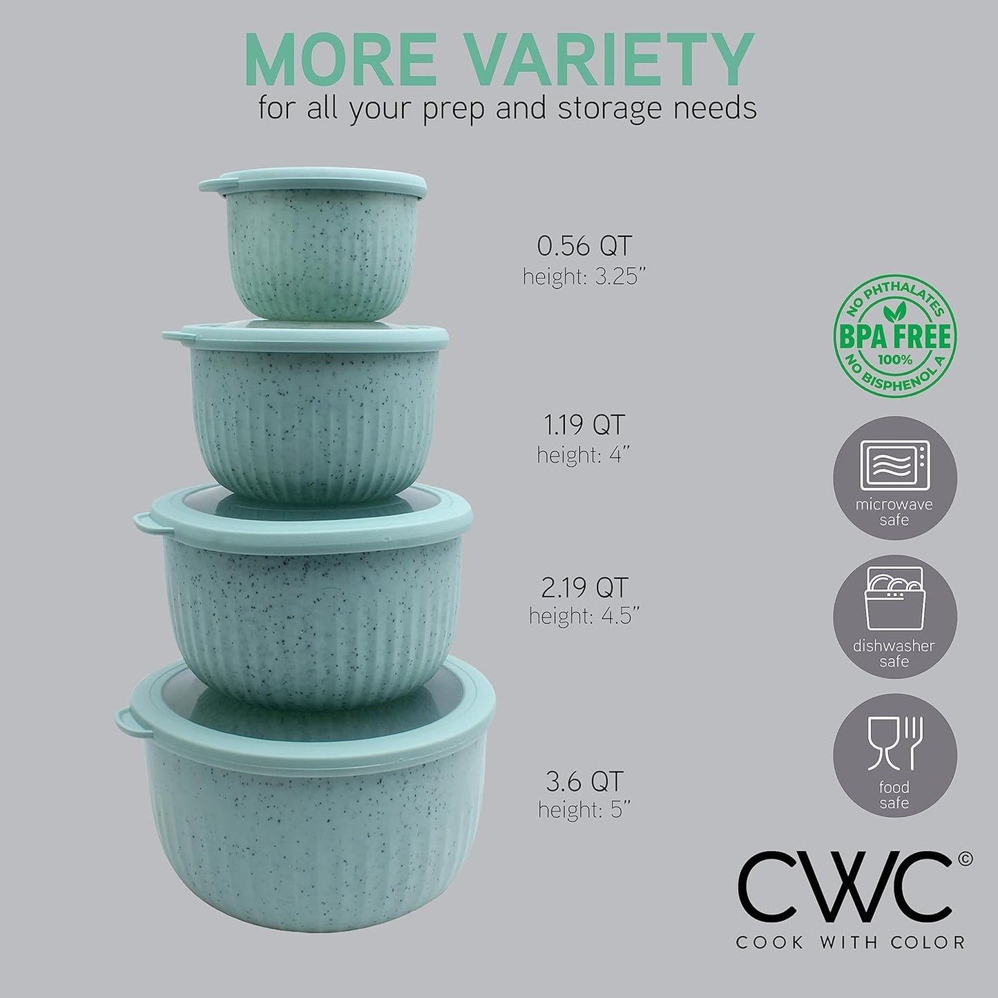 COOK WITH COLOR Prep Bowls with Lids- Wide and Deep Nesting Plastic Small Mixing Bowl Set with Lids, 8 Piece Set - Deep Bowls, Speckled Mint