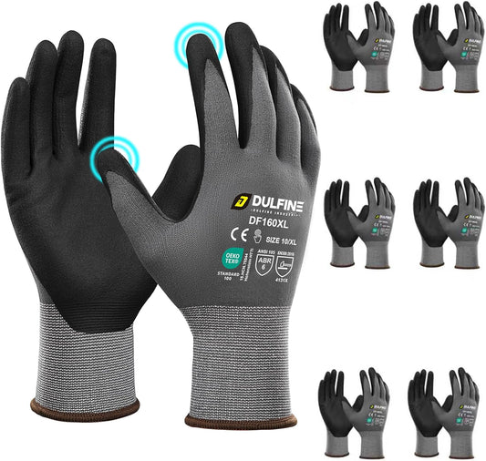 DULFINE Safety Work Gloves MicroFoam Nitrile Coated-6 Pairs Pack,Seamless Knit Nylon Glove with Black Micro-Foam Nitrile Grip,Ideal for General Purpose,Automotive,Home Improvement,Painting(Large)