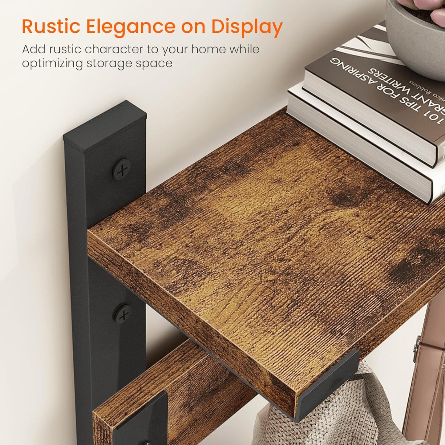 Homode Coat Rack Wall Mount, 29 Inch Long Shelf with Hooks, Wood Entryway Shelf with 5 Hangers for Hanging Hat Jacket Backpack Purse, Rustic Brown Black