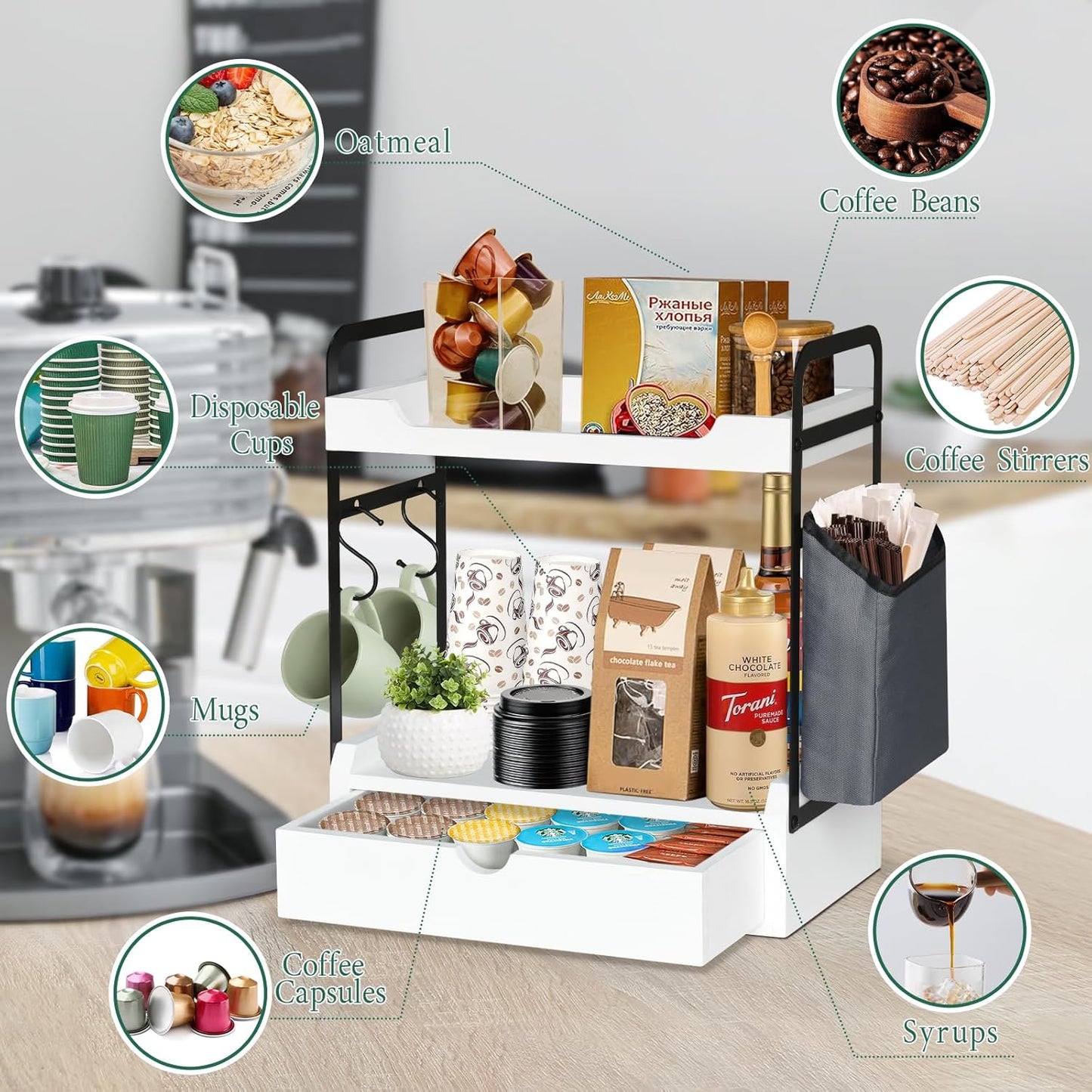 Coffee Station Organizer for Counter, Condiment Storage Caddy for Kitchen with Hooks and Bag,2 Tier Wooden Shelf for Coffee Bar Accessories,Coffee Bar Organizer for Kitchen, Home, Office-Brown