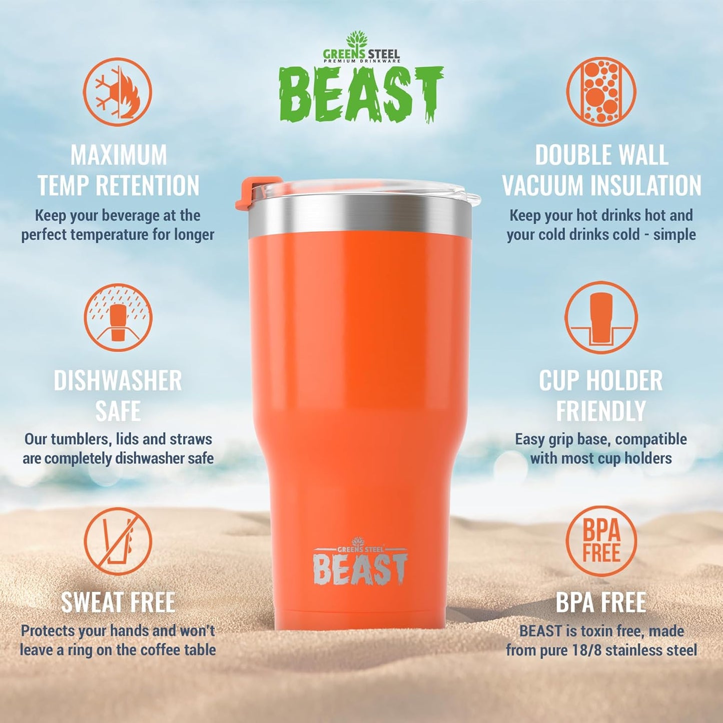 Beast 30 oz Tumbler Stainless Steel Vacuum Insulated Coffee Ice Cup Double Wall Travel Flask (Orange)