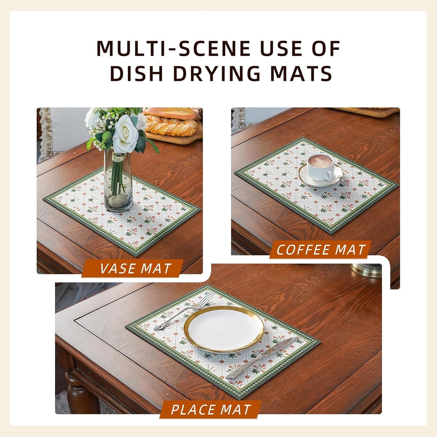 Dish Drying Mat Diatomaceous Earth Soft Coffee Mat, Silicone Dish Drying Mat for Kitchen Counter or Sink for Kitchen Bathroom Coffee Bar (Green, 16 x 24 Inches)