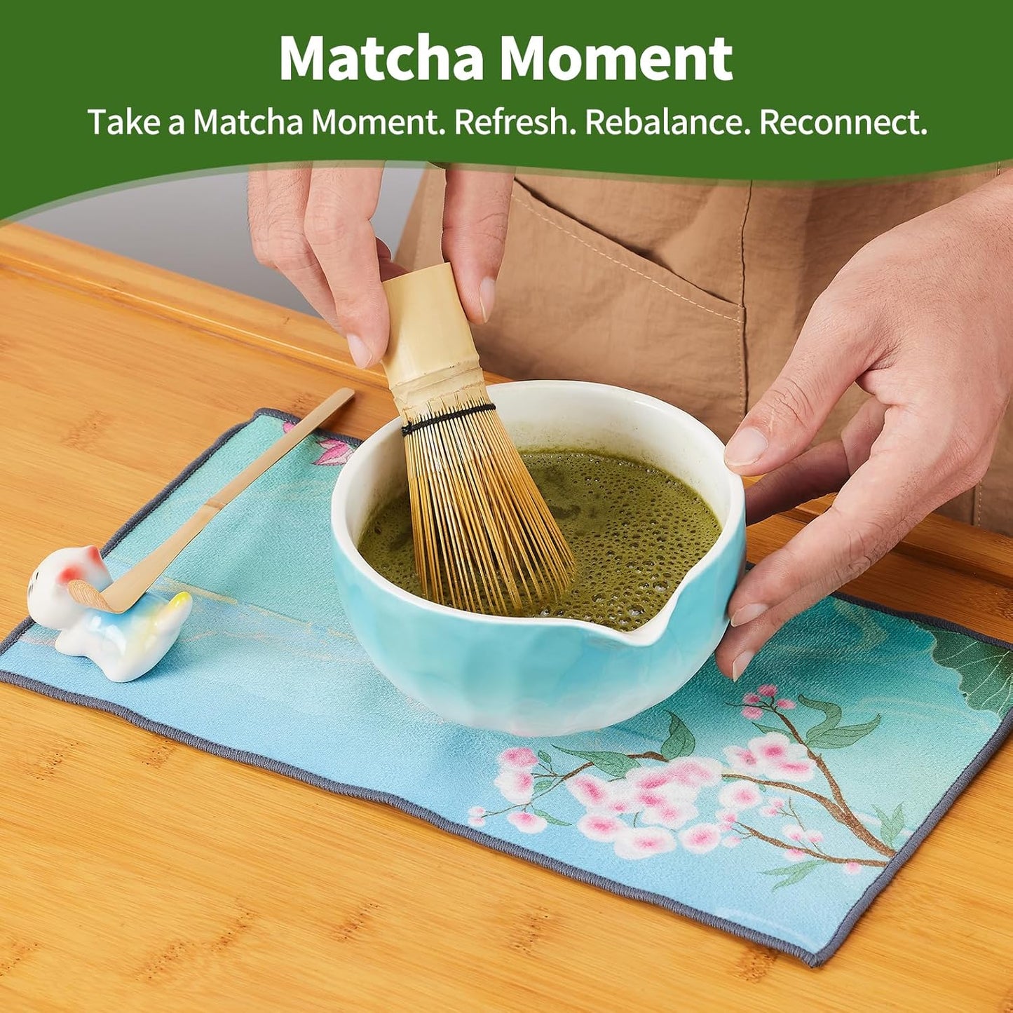 Aganippe 7 Pcs Matcha Whisk Set,Matcha Set, Matcha Kit, Matcha Tea Set,Matcha Bowl Set with Cat Scoop Holder, Tea Cloth, Sifter(Gradient Turquoise)