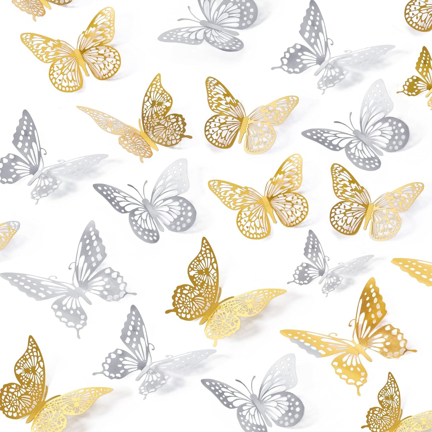 SAOROPEB 3D Butterfly Wall Decor 48 Pcs 4 Styles 3 Sizes, Butterfly Birthday Decorations Party Decorations Cake Decorations Wedding Decor, Removable Stickers (Gold, Silver)
