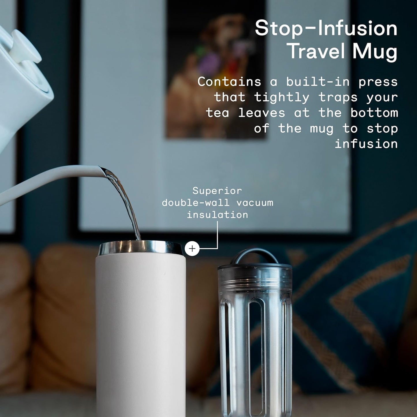 Firebelly Tea, Travel Tea Infuser Mug with Strainer, Insulated Tumbler for Loose Leaf Tea or Coffee, Leakproof Bottle for Hot or Iced Drinks, Stainless Steel Thermos with Lid, Blanc