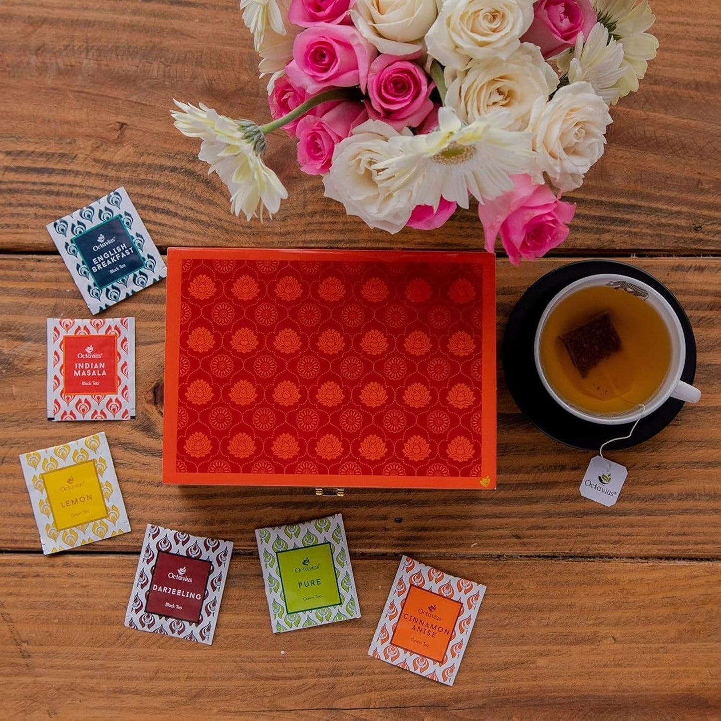 Octavius Gift's Select - Assorted Tea in Lotus Printed Wooden Box | 6 Flavors, 90 Tea Bags | Black & Green Tea | Tea Gifts for Women & Men | Tea Variety Pack | Mothers Day Tea Gift Box