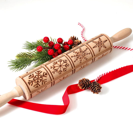 17" Premium Wood Rolling Pin with Snowflake Embossed Designs | 3mm Deep Springerle Cookie Molds | Christmas Rolling Pin & Baking Gifts for Women | Includes 3-in-1 Cleaning Brush
