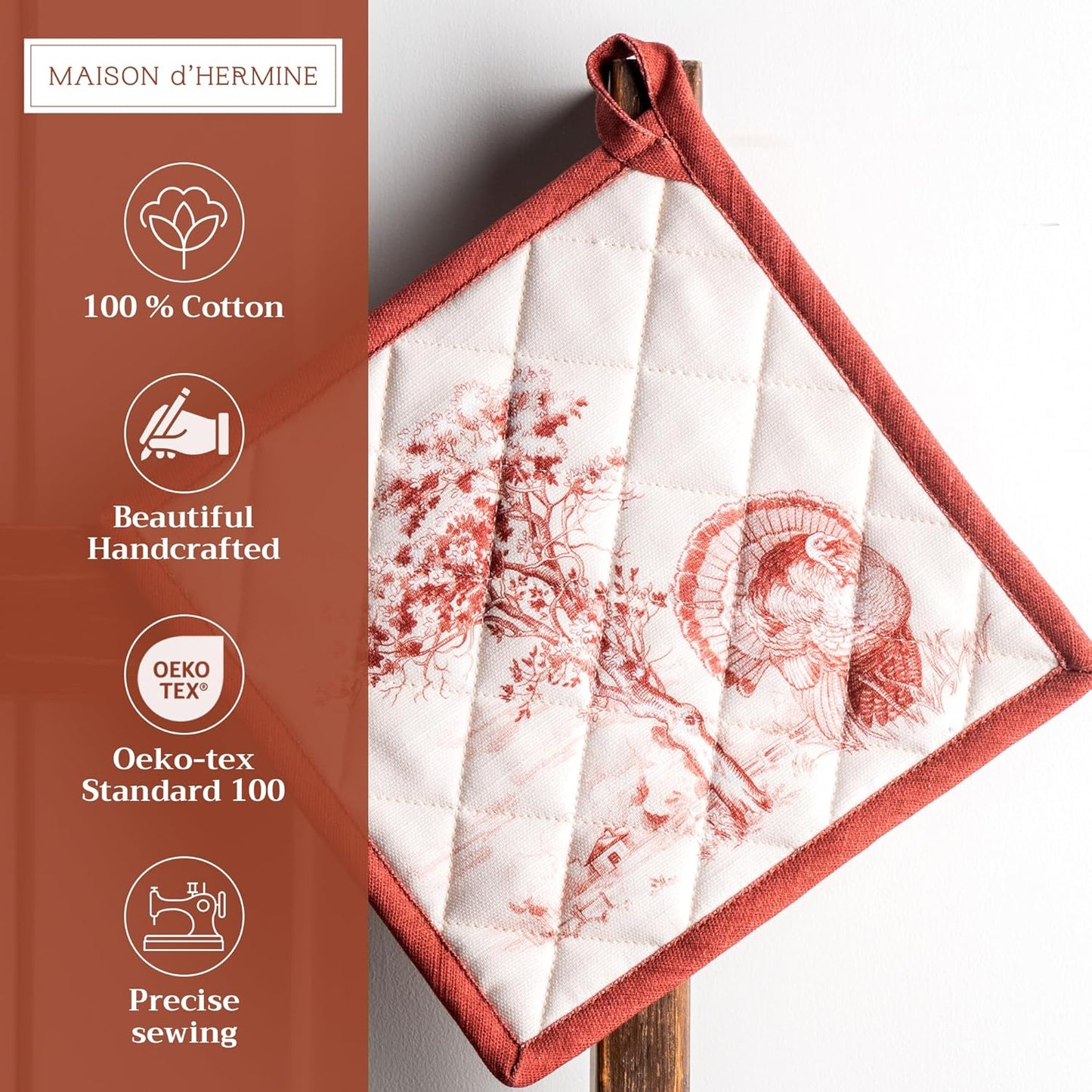 Maison d' Hermine Pot Holders 100% Cotton Heat Resistant Potholders 8" x 8" Hot Pads with Loop BBQ, Cooking, Baking, Grilling, Kitchen, Handling Hot Pans (Pack of 1, Holy Jouy - Red)