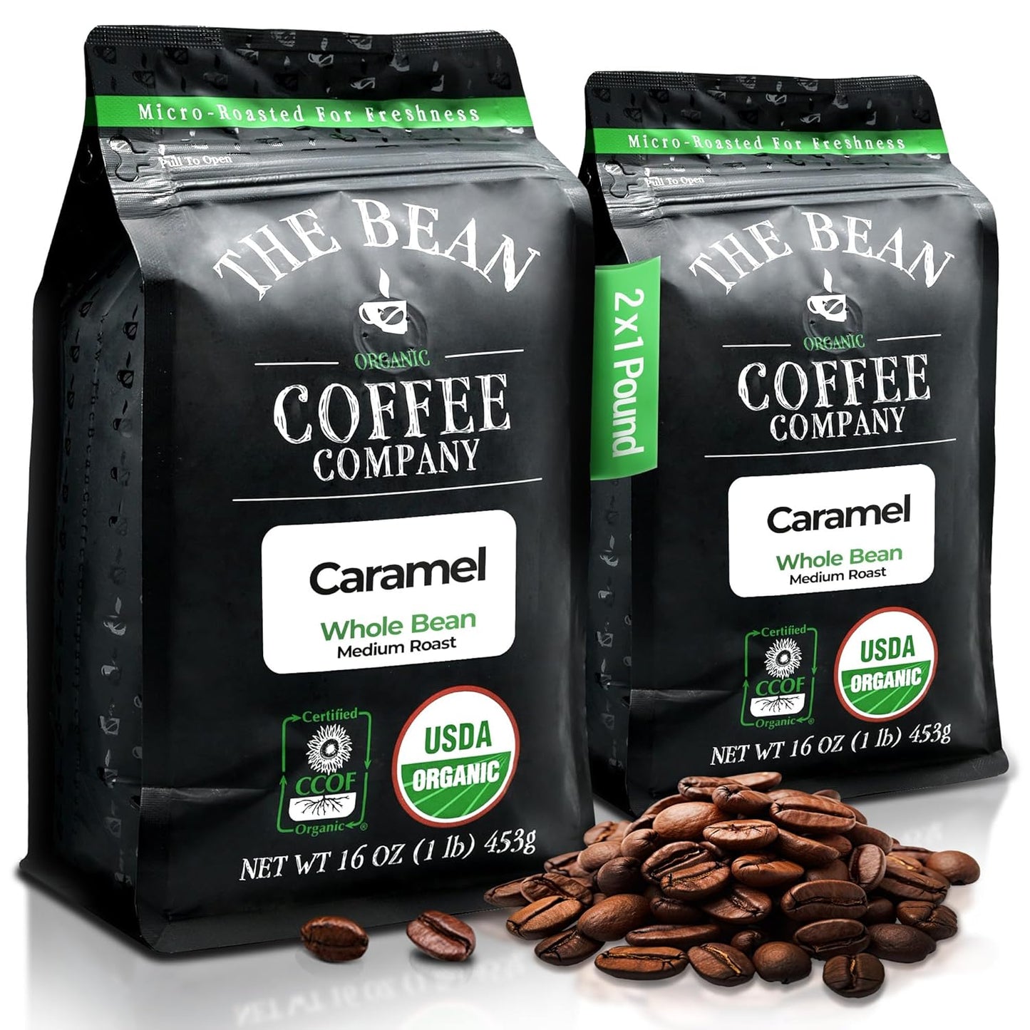 The Bean Organic Coffee Company Caramel, Medium Roast, Whole Bean Coffee, 16-Ounce Bags (Pack of 2)
