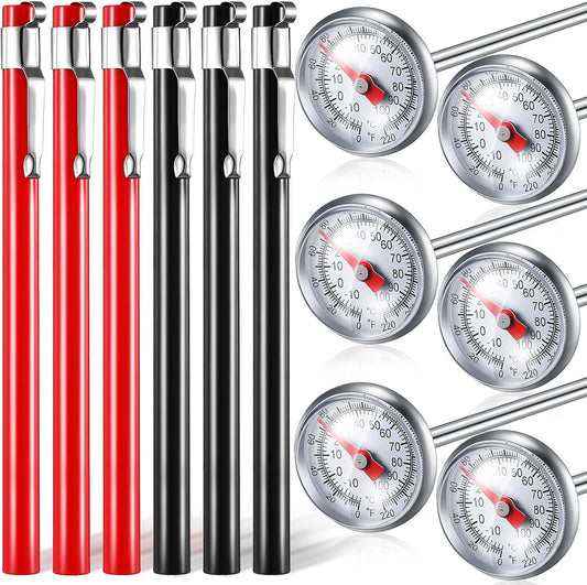 Xuhal 6 Pcs Stainless Steel Kitchen Thermometer with 5 Inch Long Stem 1 Inch Dial Thermometer Milk Frothing Food for Oven Probe Meat Grill BBQ Cooking Chocolate Water(Black, Red)