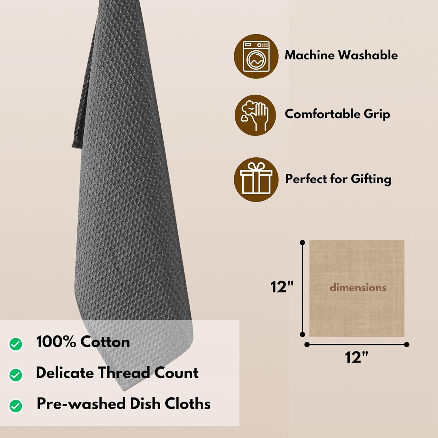 Native Fab 12 Pack Dish Cloths - 100% Cotton, Absorbent, Quick Drying, Reusable & Washable Towels for Cleaning, Cooking & Baking - Ideal for Home, Restaurants, Hotels, Cafes - 12 x 12 inches - Grey