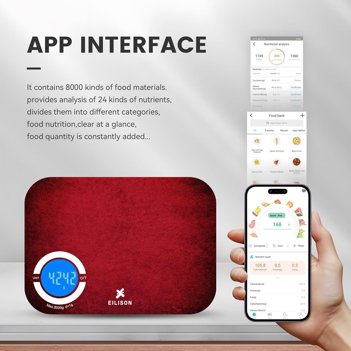 EILISON Smart Kitchen Food Scale with Bluetooth App, High-Precision Digital Food Scale for Baking, Cooking & Diet, 24 Nutrients with Macro Keto Calorie Cooking, Grams, 5g-8000g Capacity (Red)