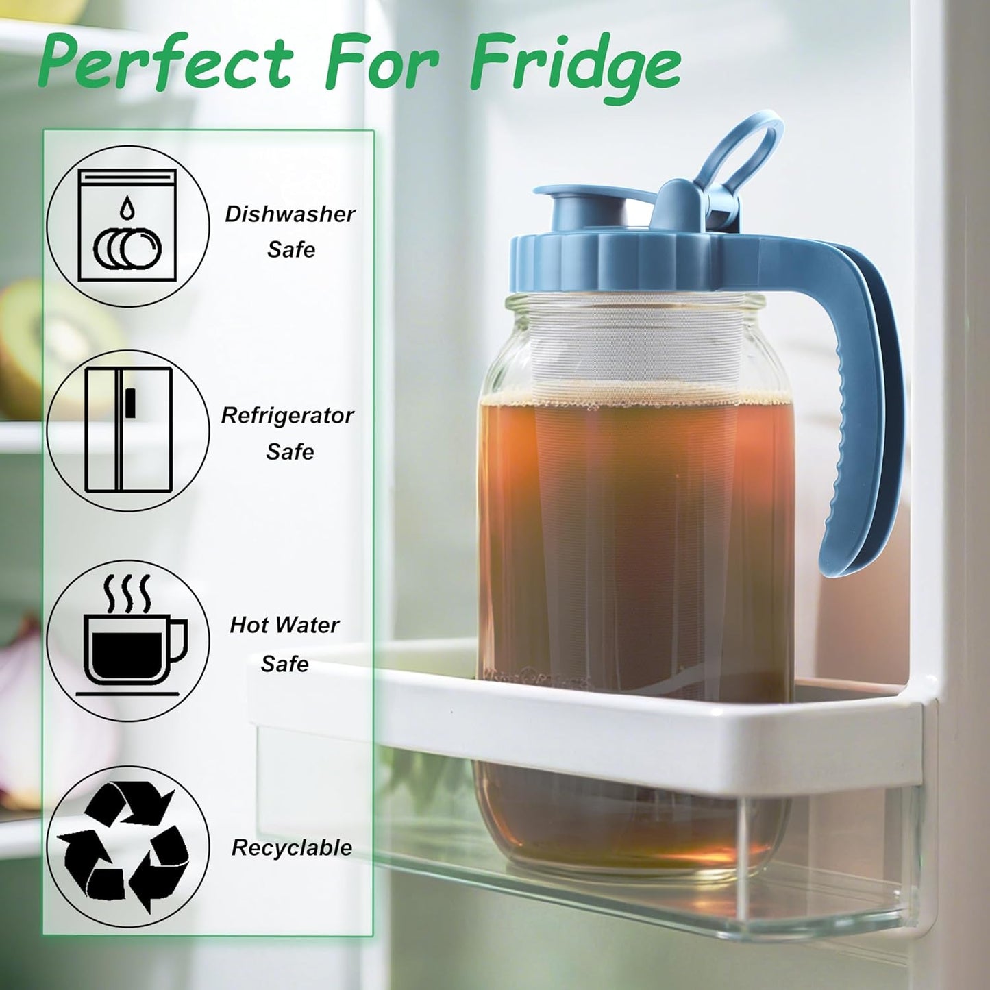 Mason Jar Pitcher With Stainless Steel Filter 64 OZ Wide Mouth Cold Brew Coffee Maker 2 Quart Glass water pitcher with lid Half Gallon Cold hot Tea maker For Lemonade Milk Juice Refrigerator