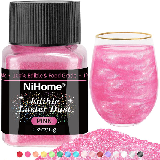 NiHome Edible Food-Grade Glitter Powder Glimmer Luster Dust Metallic Fancy Food Decorating Sprinkle Glimmery Dust for Drink Wine Beverage Cake Bakery Vegan Allergen-Free (Pink, 0.35oz/10g)