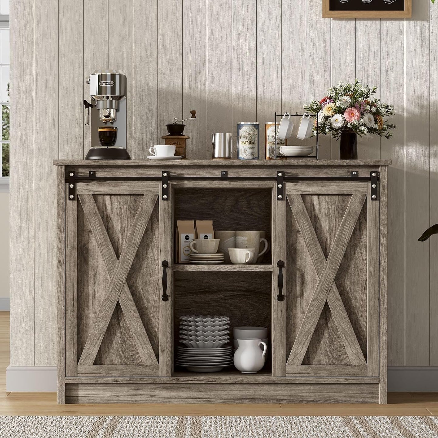 4 EVER WINNER Farmhouse Coffee Bar Cabinet with Sliding Barn Door, 42” Coffee Bar Table with Adjustable Shelves, Buffet Cabinet with Storage for Kitchen Living Dining Room, Wash Grey