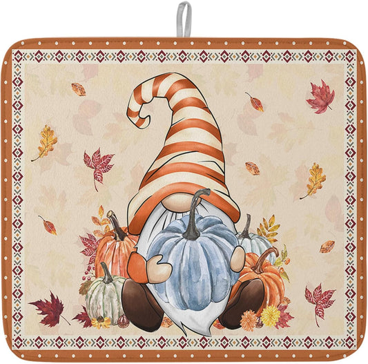 Fall Dish Drying Mat for Kitchen Counter Pumpkin Gnome Drying Pad Absorbent Drying Mats for Countertops Sinks Draining Racks Autumn Maple Leaves Drainer Holiday Harvest Thanksgiving Decorations 16x18