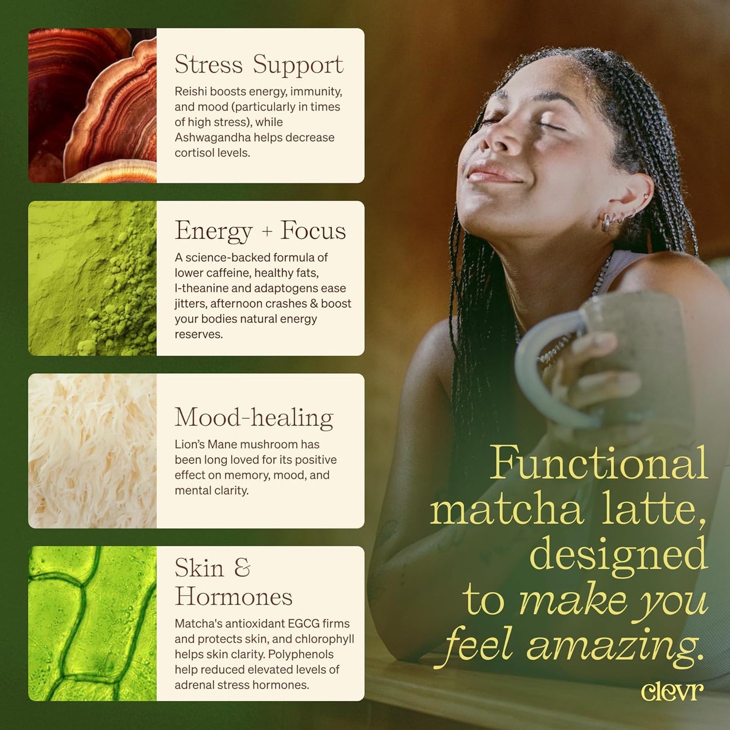 Clevr Blends Organic Matcha Green Tea Latte, Instant Ceremonial Grade, Superfood Powder Blend with Oat Milk, Lions Mane, Reishi Mushroom, Coconut Cream, Ashwagandha, Serve Hot or Iced, (30 Lattes)