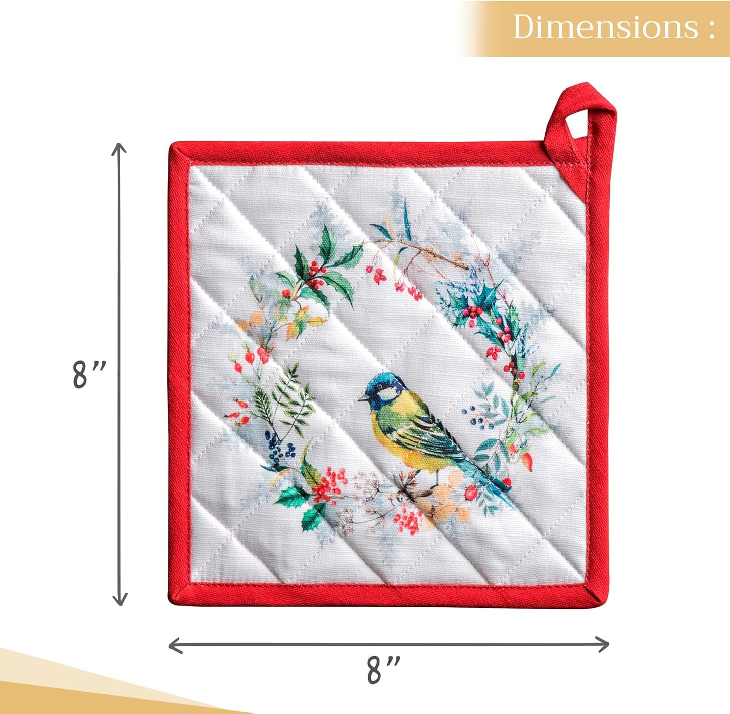 Maison d' Hermine Pot Holders Set 100% Cotton Heat Resistant Potholders 8" x 8" Hot Pads with Loop BBQ, Cooking, Baking, Grilling, Kitchen, Handling Hot Pans (Pack of 2, Morzine)