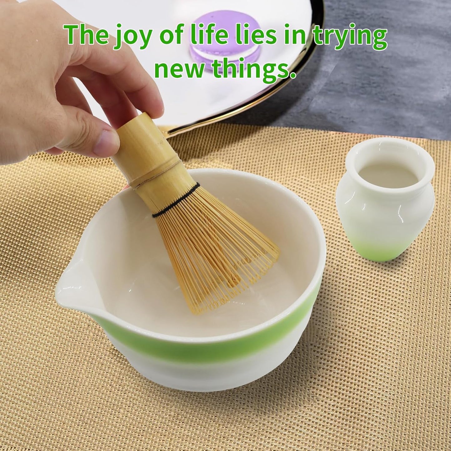 Matcha Whisk Set 7 Pcs Ceremony Kit - Gradient Glaze Ceramic Bowl, Bamboo Chasen & Holder, Sifter Scoop Gift for Matcha Lovers (Christmas/Birthday) (Green)